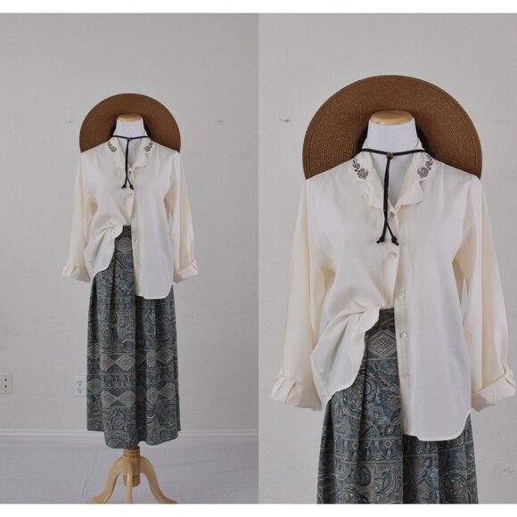 Vintage 80s Paisley‎ Embroidered Cream Blouse - Picture 1 of 10